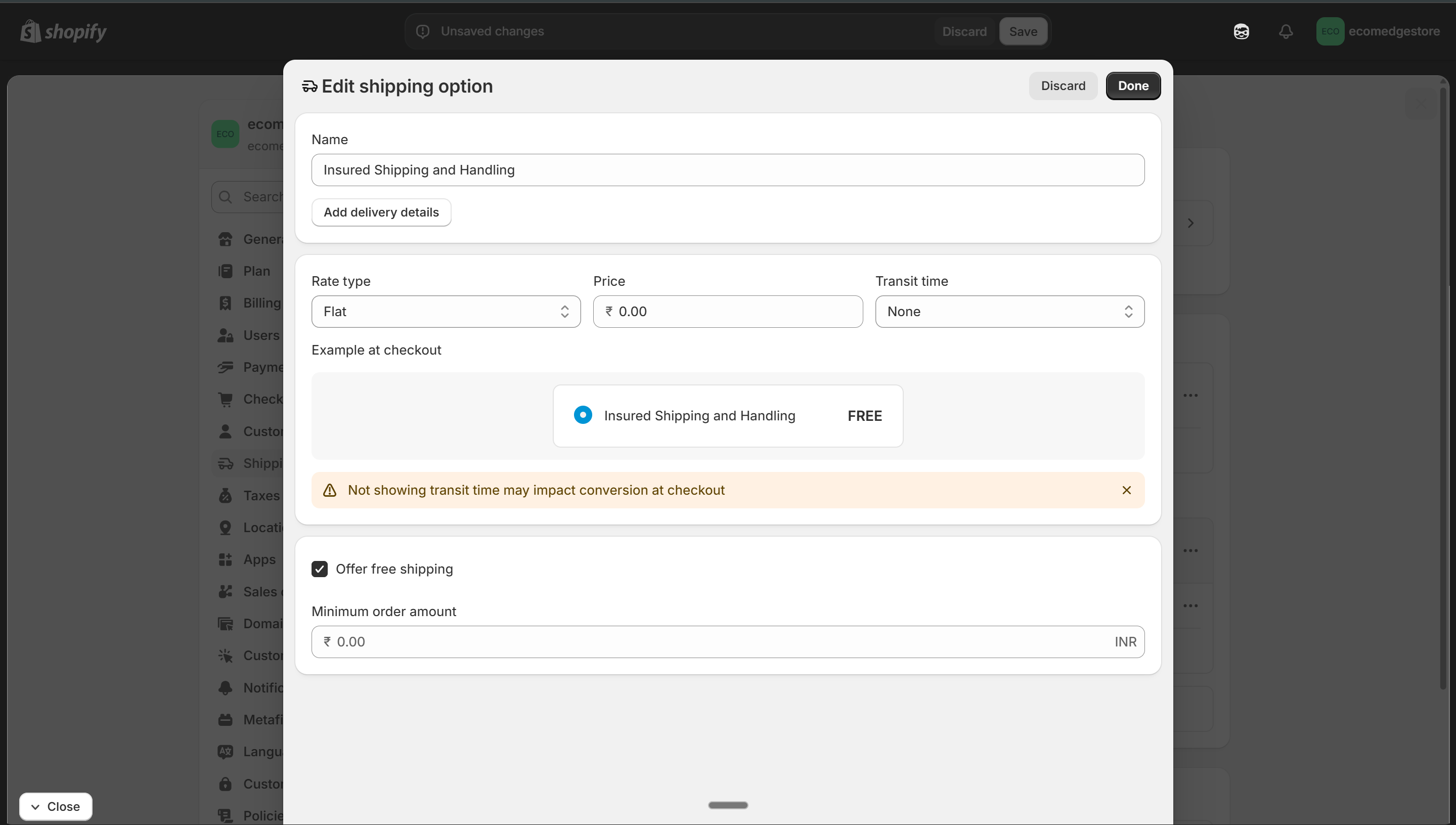 Set shipping rate — free shipping option